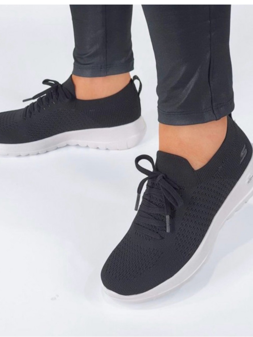 Skechers Black Knit Lace-Up Slip-On Sneakers with White Sole